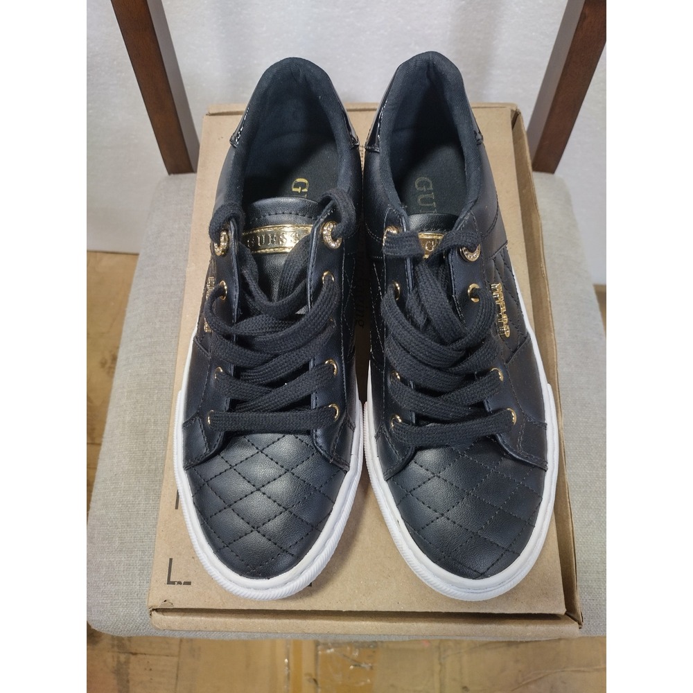 Guess GWLOVEN Black Quilted Low Top Sneakers Gold Hardware Womens 9M
